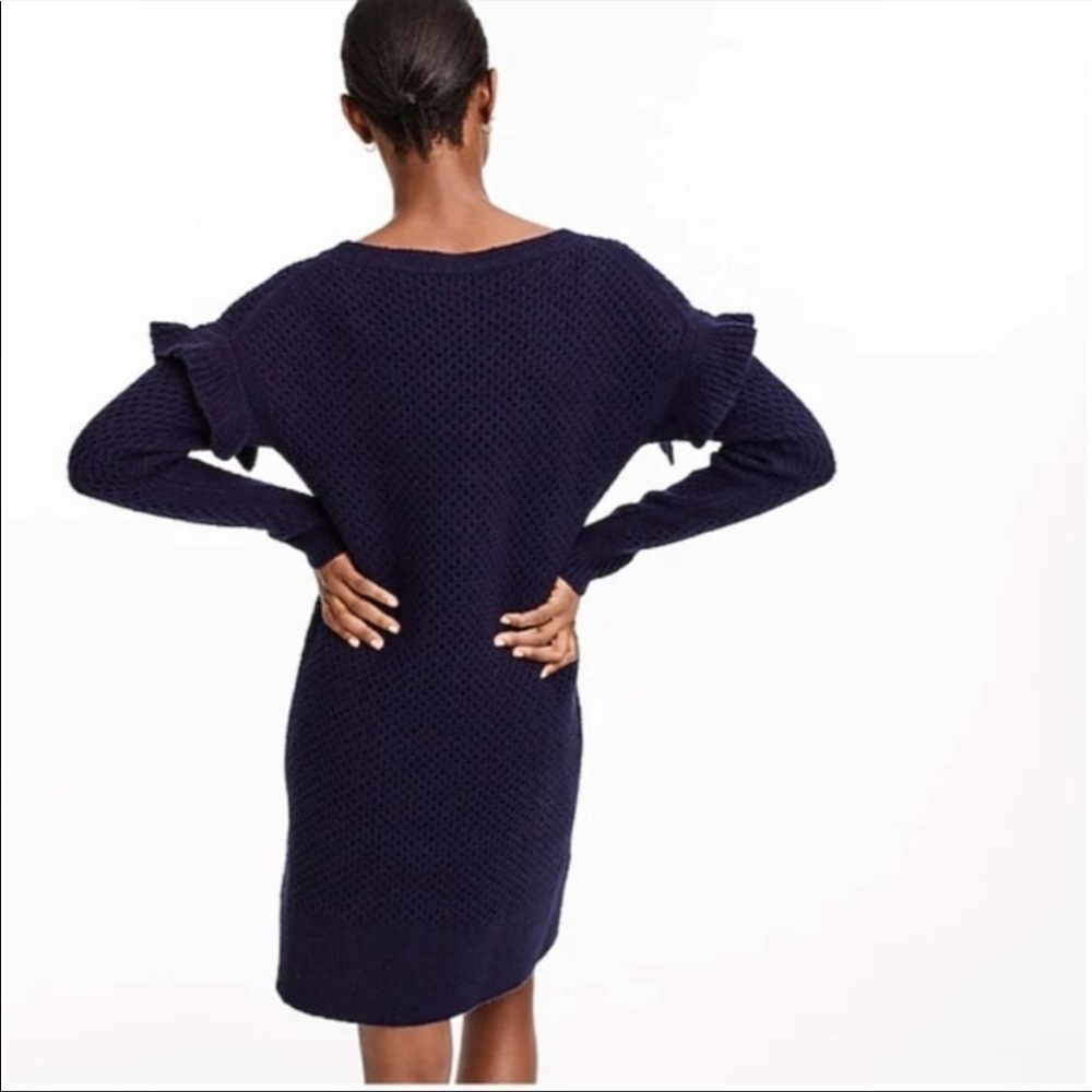 J. Crew NWT Wool Blend Cable Knit Ruffle Sleeve Sweater Dress Navy Blue Size XXS